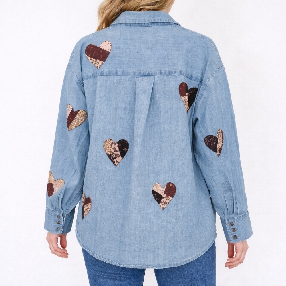 Re Worked Denim Shirt With Patchwork Hearts - Picture 2 of 9